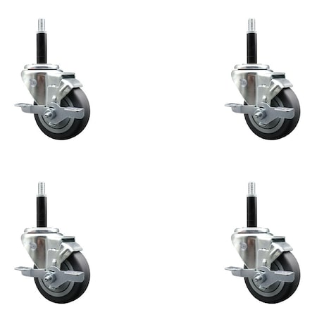 Service Caster 3.5'' Thermoplastic Rubber Swivel 3/4'' Expanding Stem Caster Set with Brake, 4PK SCC-EX20S3514-TPRB-TLB-34-4